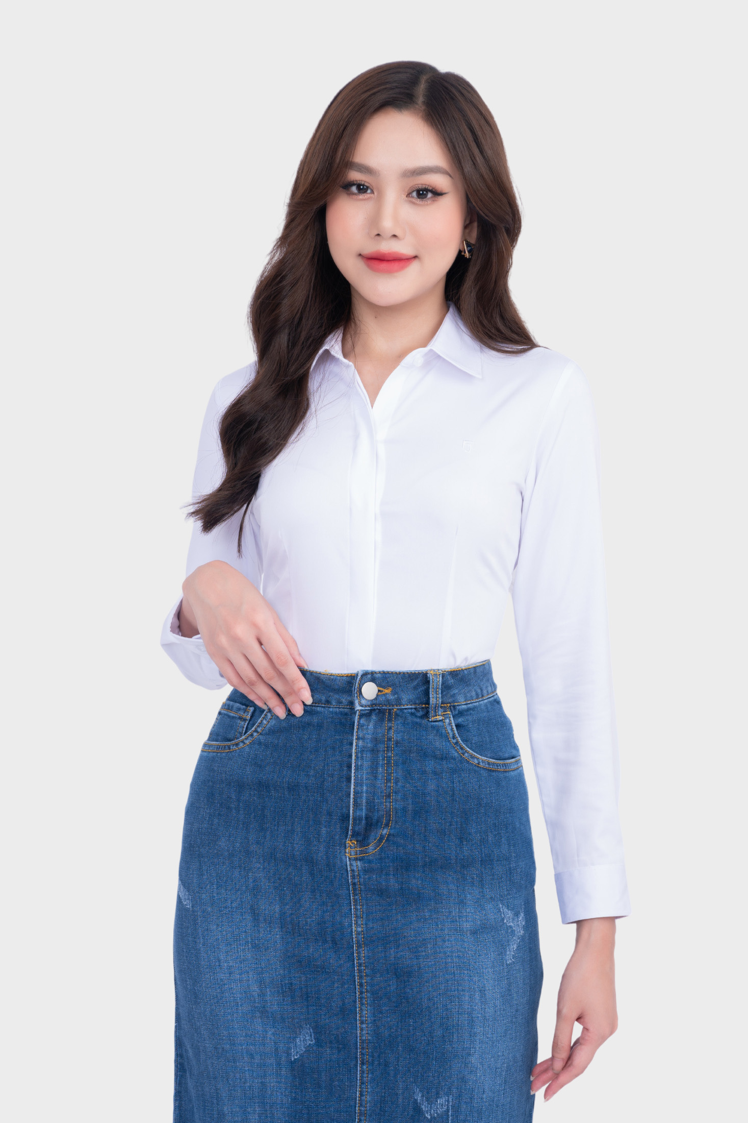 Áo sơ mi các màu nữ công sở Thái Hòa thiết kế giấu cúc dài tay sợi tre 23ASW-103