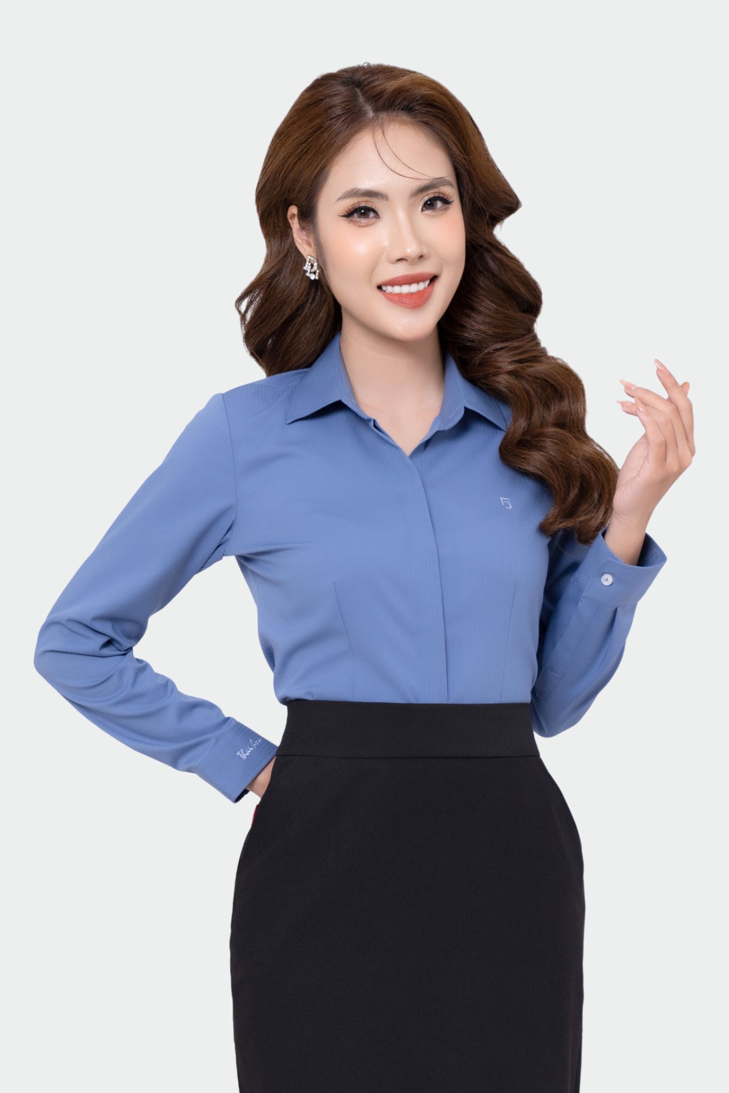 Áo Sơ Mi Nữ Công Sở Dài Tay Giấu Cúc Cotton Phối Poly Thái Hòa  23ASW-216