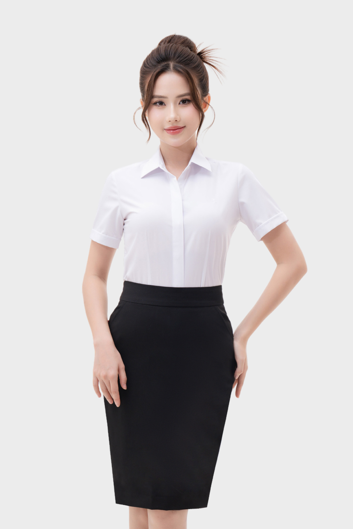 Áo sơ mi trắng nữ công sở ngắn tay cổ đức vải sợi tre cao cấp 23ASW-218