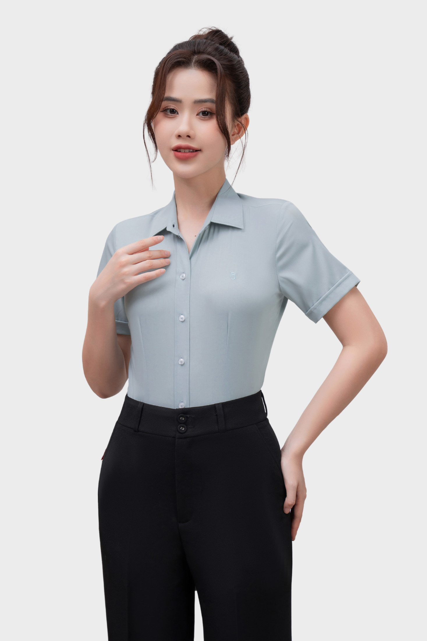 Áo sơ mi nữ Thái Hòa 25ASW-265 vải họa tiết ziczac dệt chìm cao cấp form slimfit có chiết ly eo cotton phối vicose
