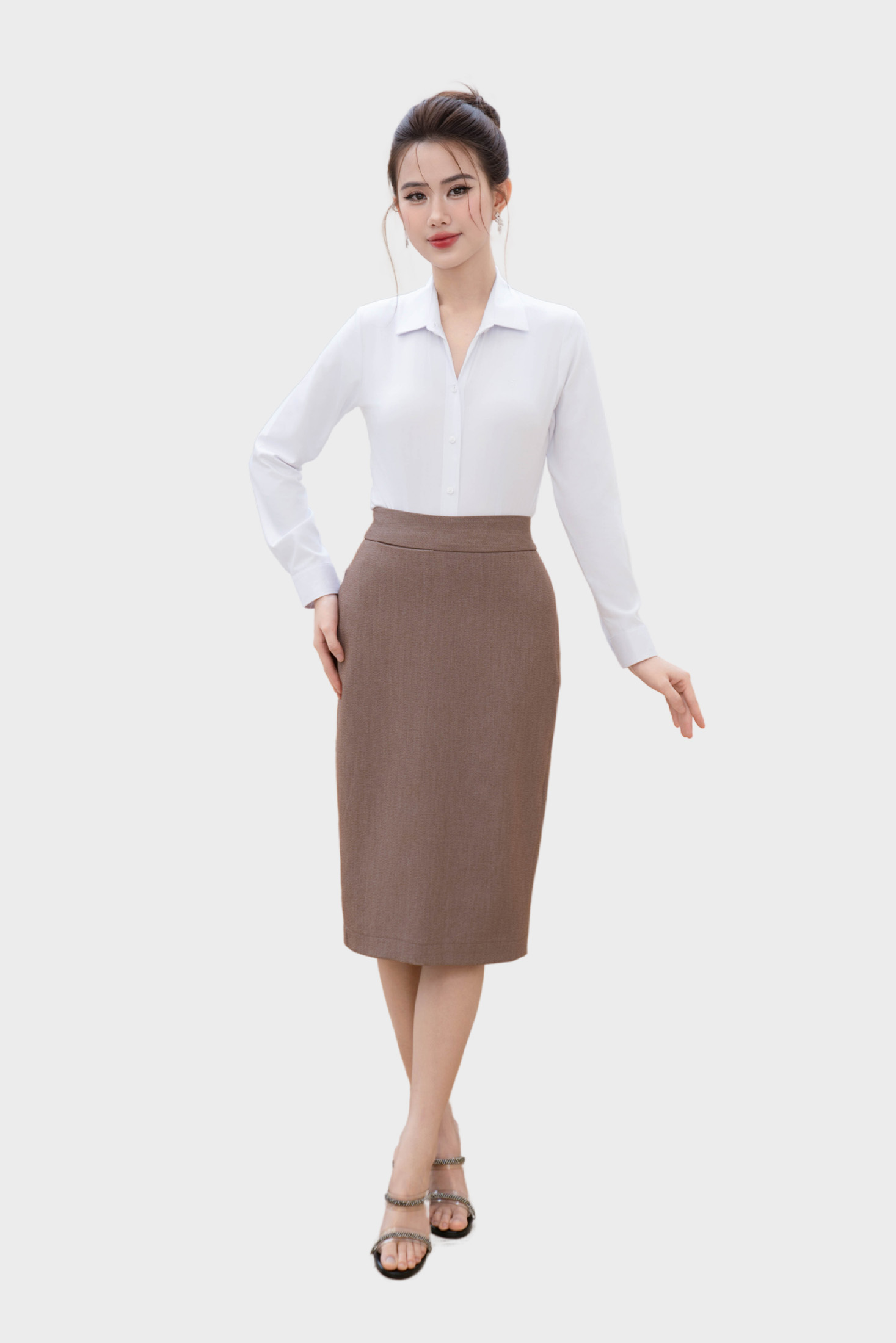 Chân váy nữ Thái Hòa 25CVW-260 dáng bút chì dài màu nâu tiêu 2 lớp