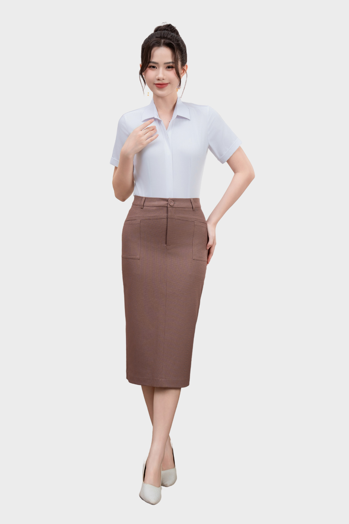 Chân váy nữ Thái Hòa 25CVW-271 dáng bút chì cạp cao 2 lớp form dài qua gối cạp 1 khuy