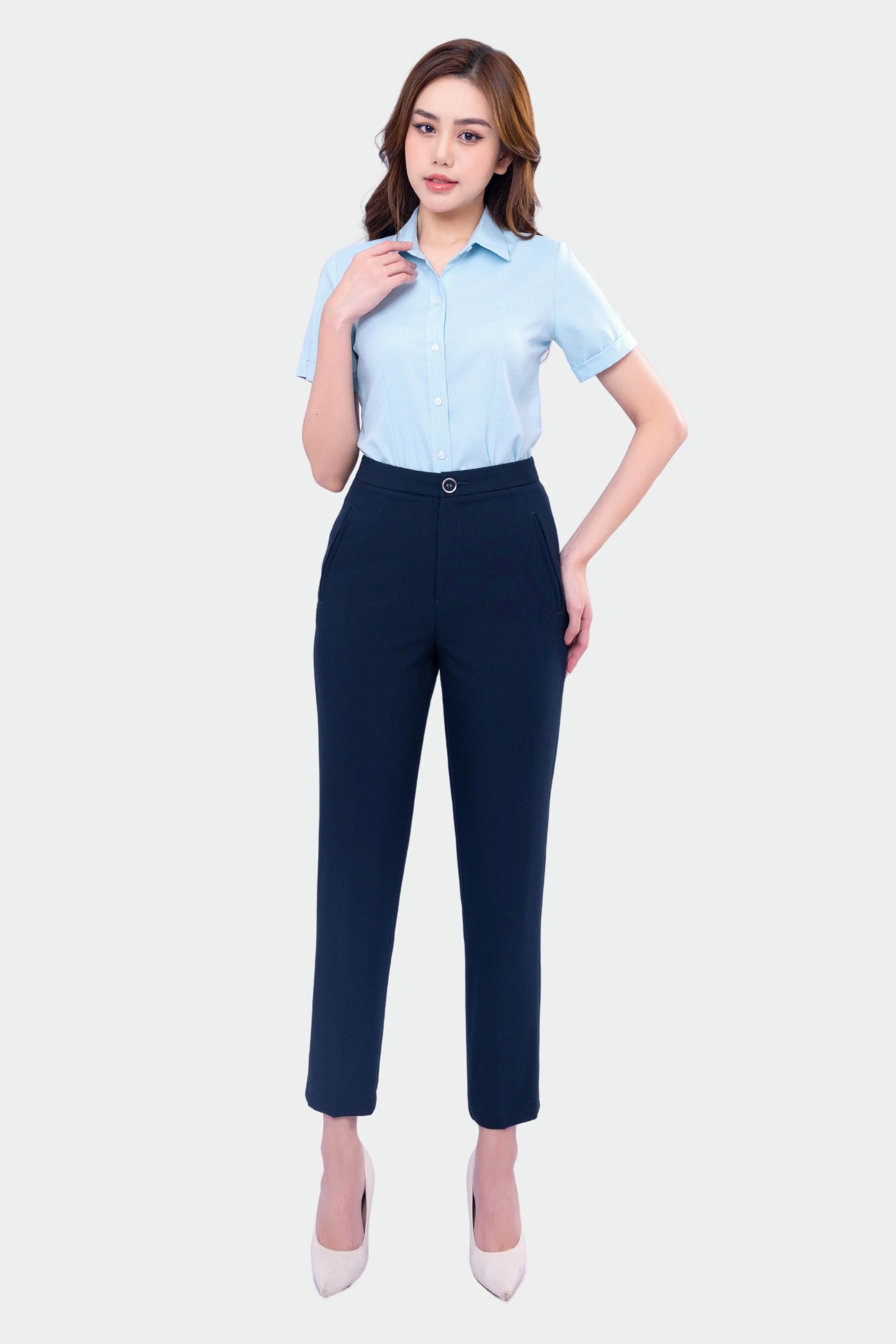 Quần âu nữ dáng dài baggy cạp cao sợi gỗ sồi phong cách công sở form regular QAW1816-R15