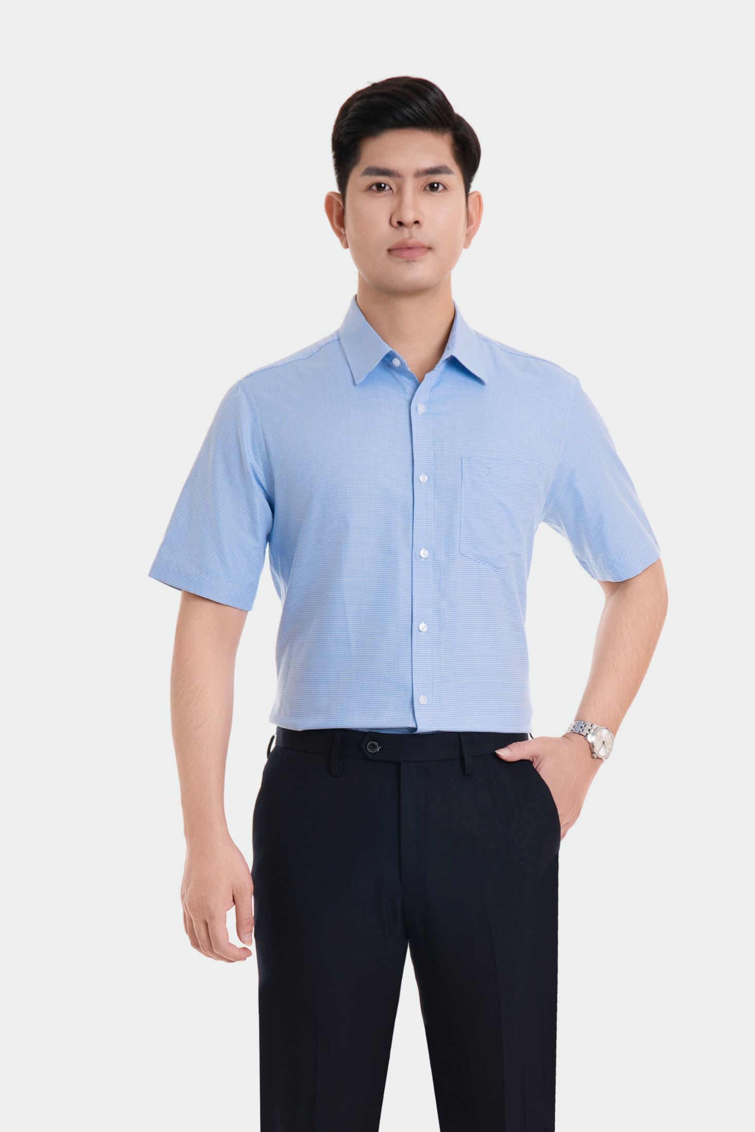 Áo sơ mi nam ngắn tay trung niên kẻ nhuyễn Thái Hoà 23ASM-991